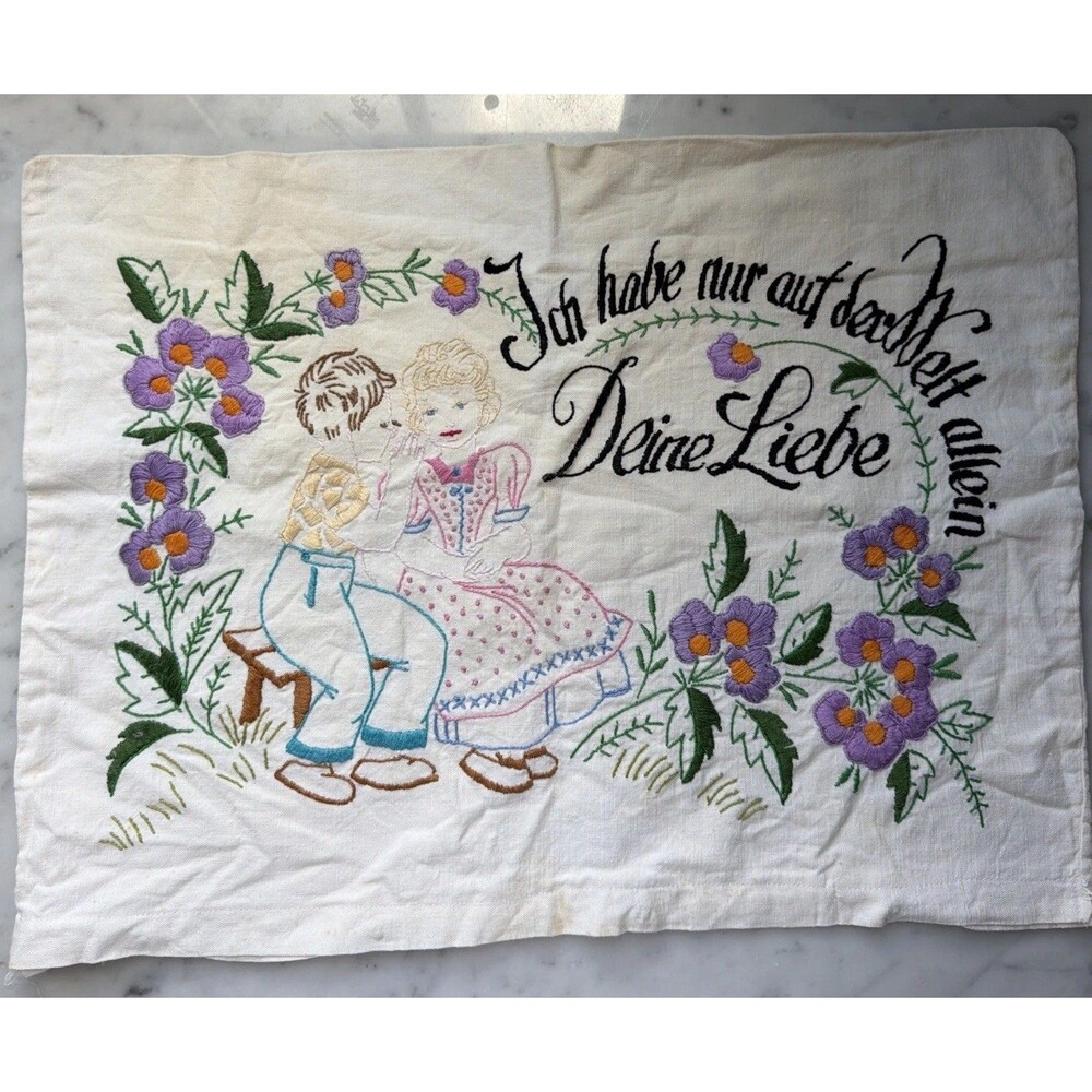 Vintage Hand-Embroidered Pillow Sham Case German Folk Art Flowers Love